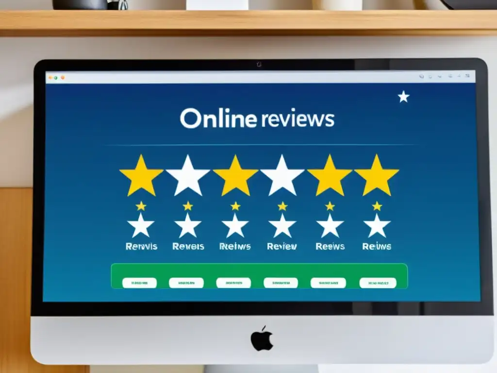 Una pantalla de computadora muestra reseñas online y calificaciones de estrellas para una marca, con el logo visible