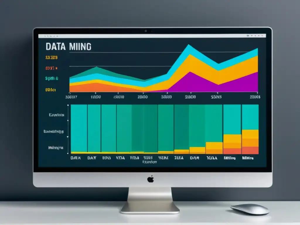 Una pantalla de ordenador moderna muestra software de data mining con visualizaciones y gráficos coloridos