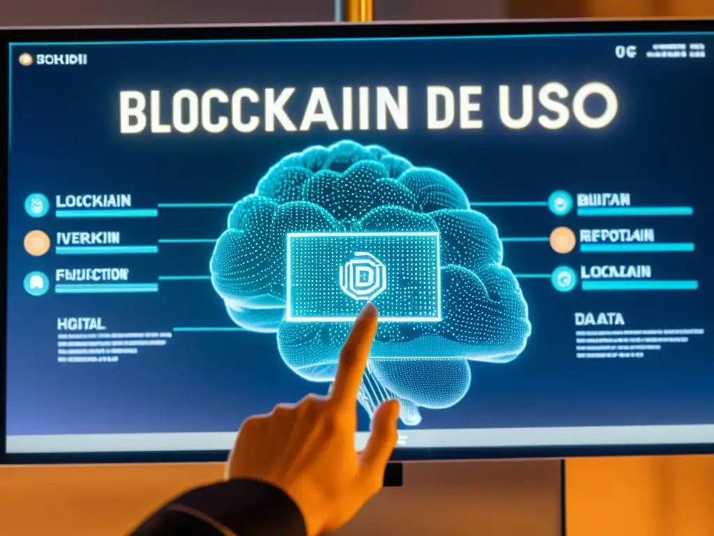 Una pantalla de ordenador muestra una red blockchain con 'Reportes de Uso de Derechos de Autor', rodeada de gráficos holográficos futuristas