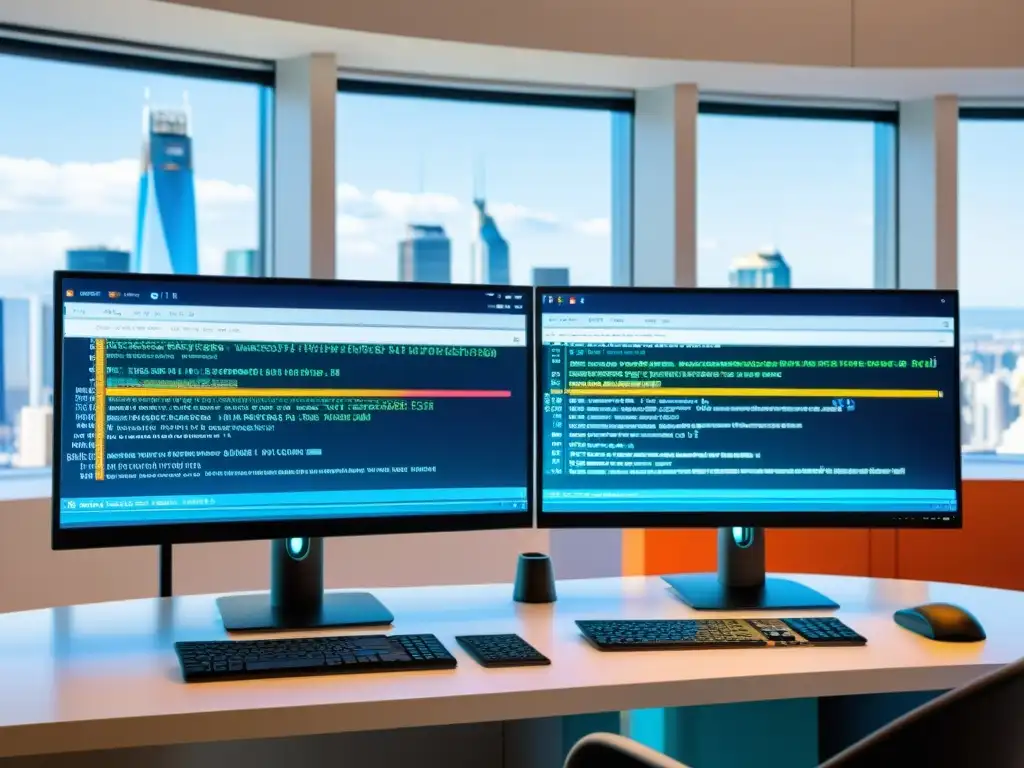 Dos pantallas de computadora muestran contrastes entre código abierto y propietario en un espacio profesional futurista