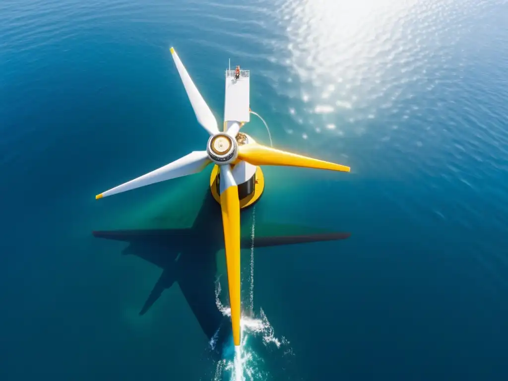 Un parque de energía mareomotriz undimotriz moderno con turbinas futuristas sumergidas en el océano, rodeado de aguas tranquilas y un cielo azul claro, capturando la energía de las mareas con un innovador sentido de sostenibilidad y potencia