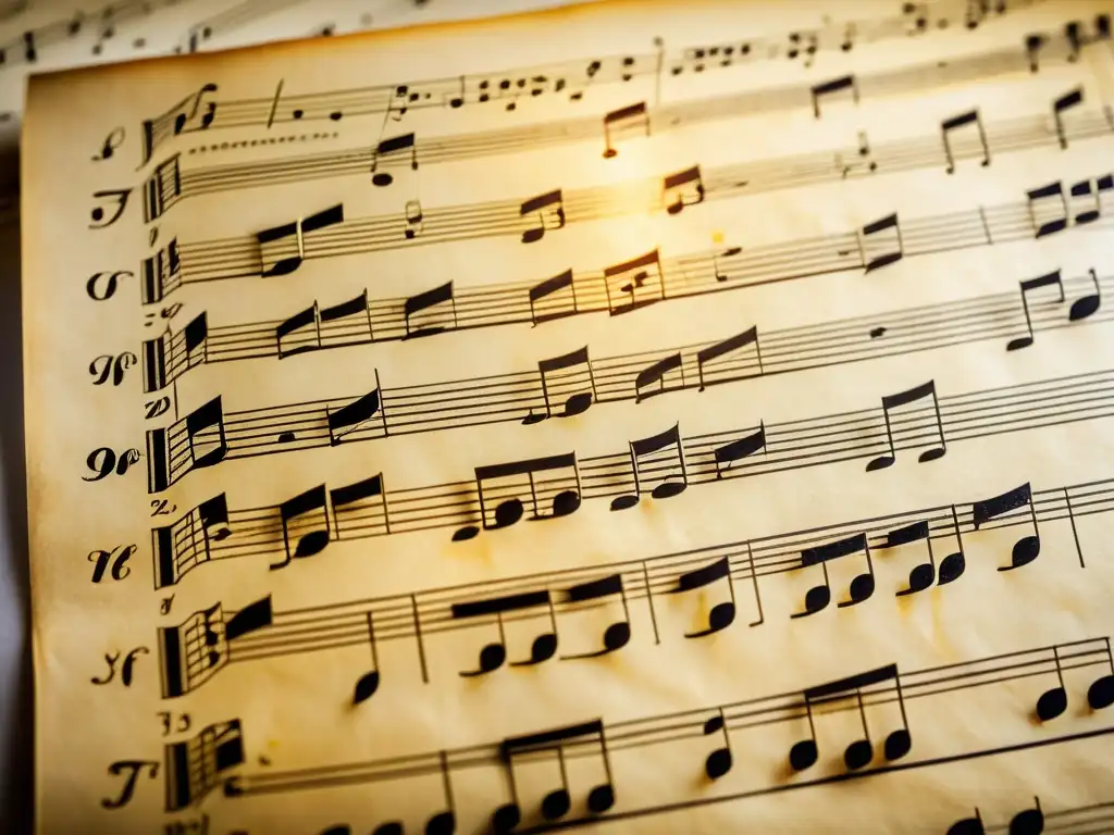 Una partitura musical detallada en pergamino envejecido, iluminada por luz natural