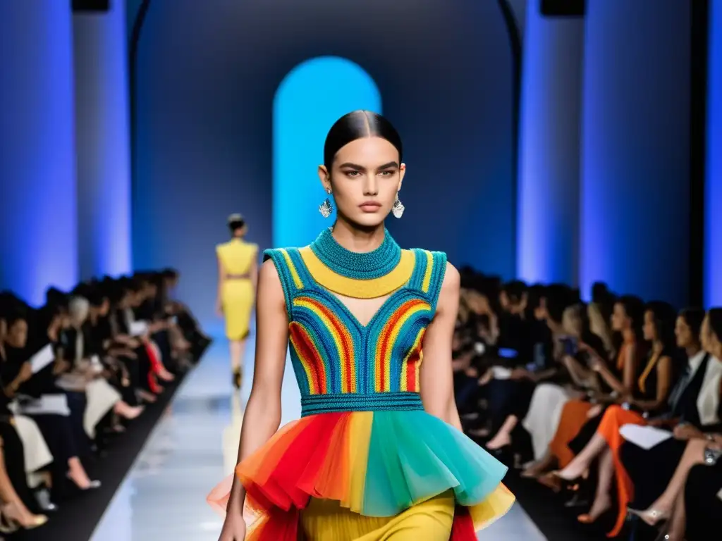 Desfile de moda: Creatividad e innovación en alta costura Una pasarela de moda con diseños modernos de casas italianas y francesas, capturando la esencia de la protección legal en la moda