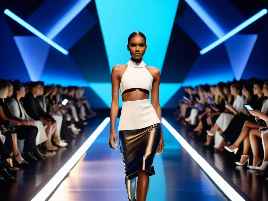 Una pasarela de moda futurista con modelos luciendo tecnología wearable de vanguardia