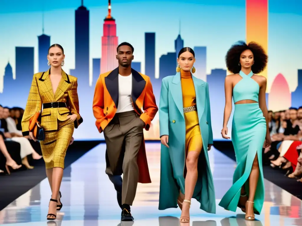 Una pasarela de moda global con modelos diversos luciendo diseños vanguardistas de casas de moda internacionales
