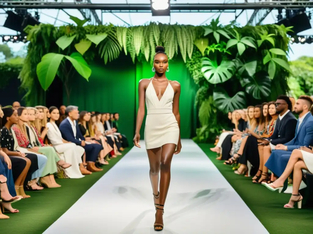Una pasarela de moda sostenible con modelos luciendo prendas ecofriendly