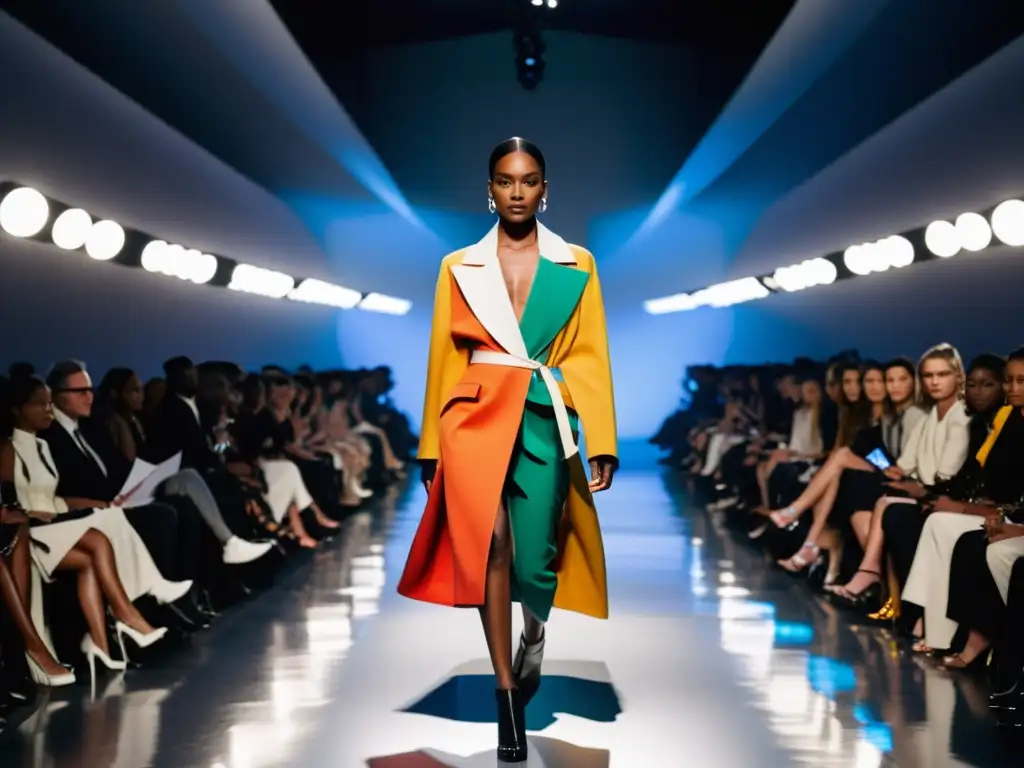 Una pasarela de moda vanguardista con diseños innovadores y colores vibrantes