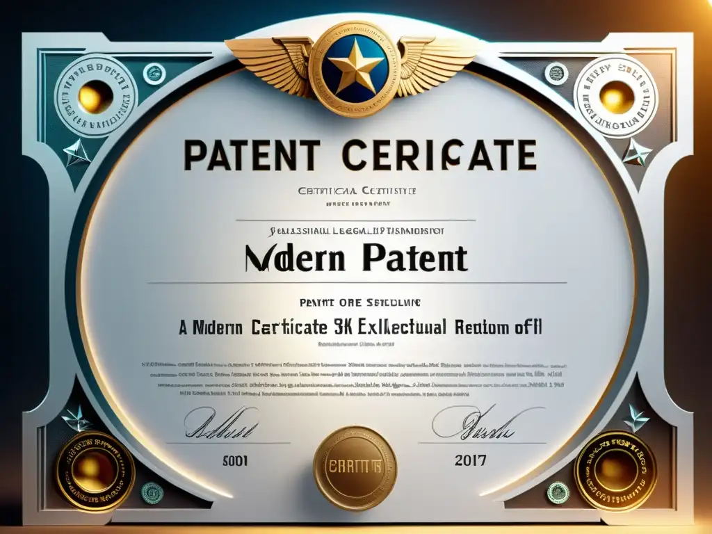 Una patente moderna en alta resolución con diseños detallados y sellos oficiales, representando el alcance y vigencia de patentes en el mundo actual