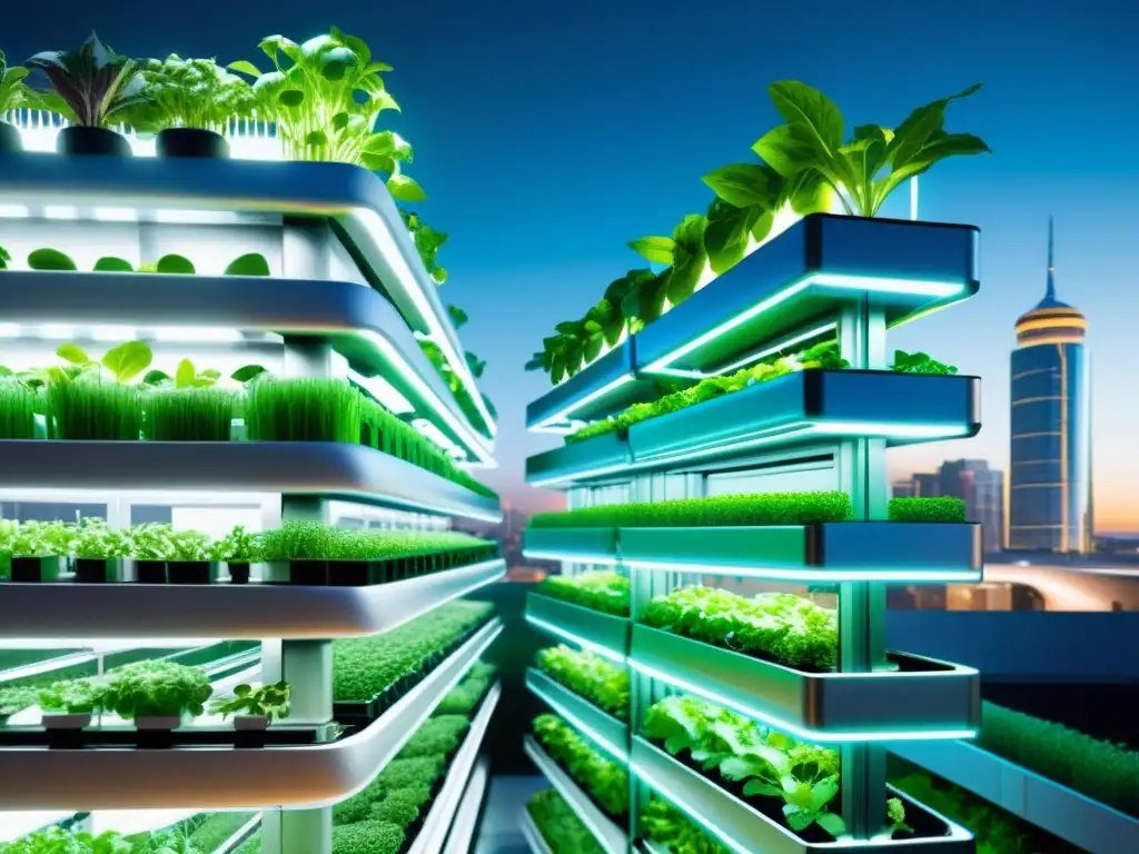 Patentes en agricultura urbana: Granja vertical futurista con cultivos verdes vibrantes y tecnología de vanguardia en la ciudad