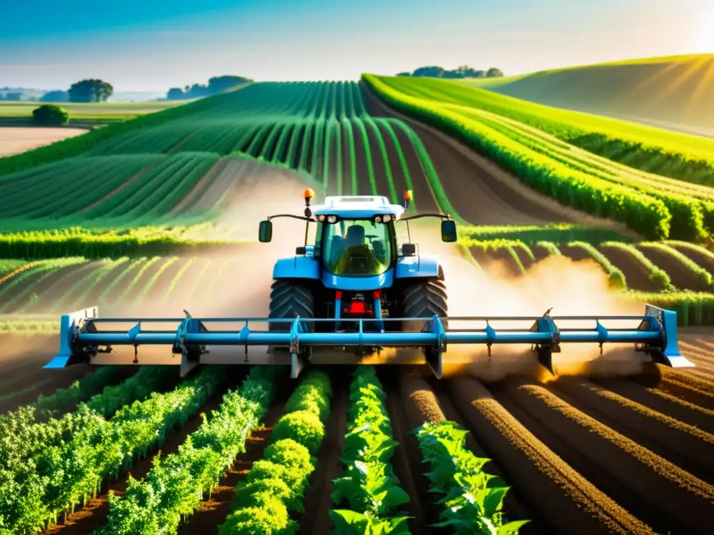 Patentes maquinaria agrícola innovación: Máquina agrícola moderna en campo soleado, rodeada de cultivos vibrantes y tecnología avanzada