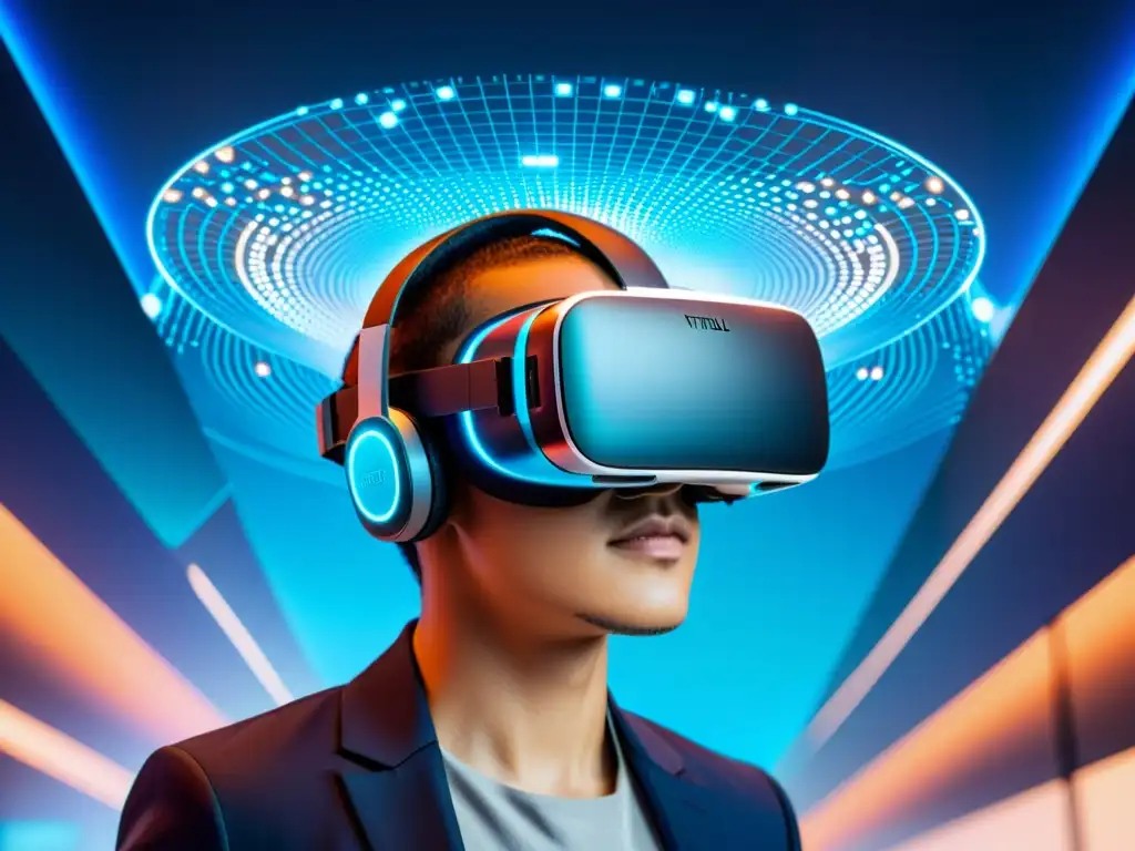 Transformación patentes realidad virtual: Cascos de realidad virtual con diseño futurista, rodeados de datos y patentes en un entorno digital vibrante