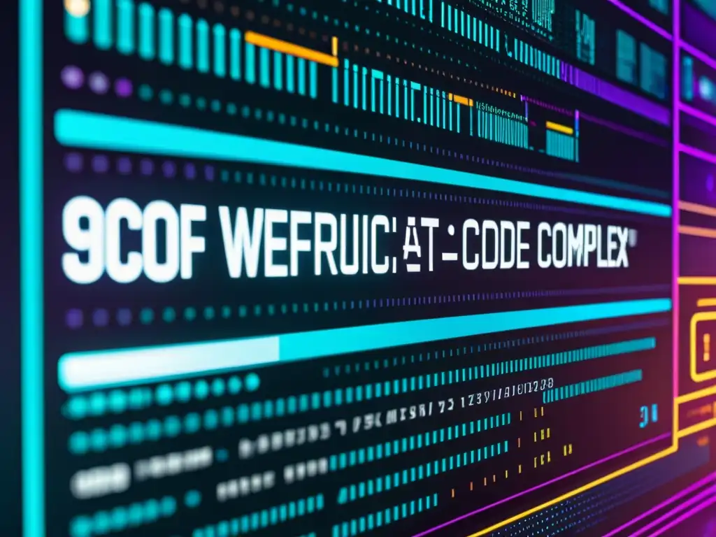 Patentes de software para automatización: Imagen de código complejo en pantalla con colores vibrantes y diseño futurista