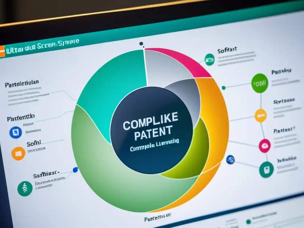 Invertir en patentes de software: imagen detallada de pantalla con diagrama de patente, nodos interconectados y colores vibrantes