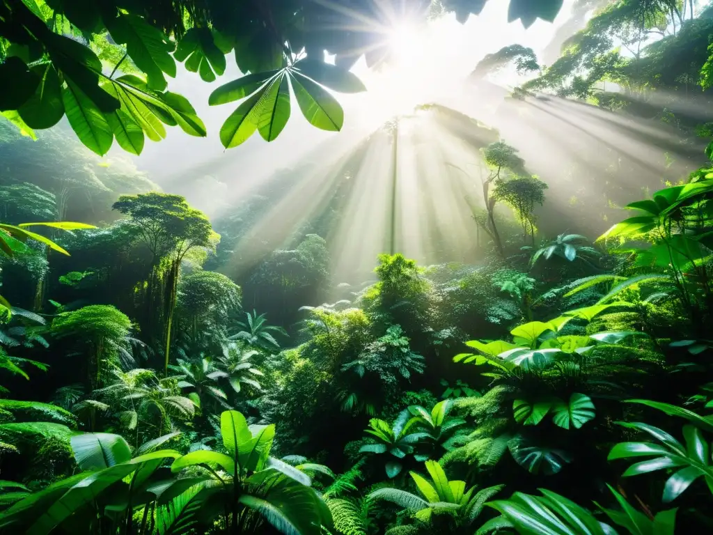 Patentes en tecnología ambiental: Imagen detallada de un exuberante bosque lluvioso, resaltando su biodiversidad y equilibrio natural