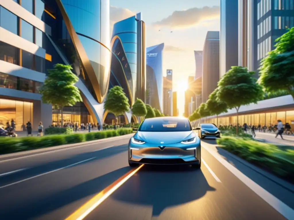 Patentes transporte eléctrico contribución medio ambiente: Ciudad llena de vehículos eléctricos en medio de edificios futuristas, aire limpio y atardecer dorado
