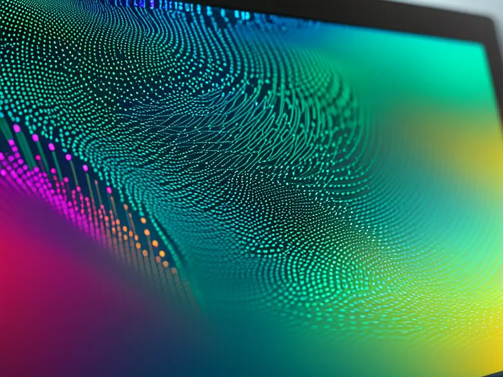 Patrones de código vibrantes y complejos en la pantalla de una computadora, evocando la sofisticación del Convenio de la Patente Europea Software