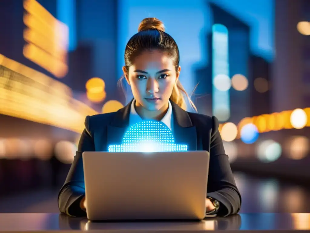 Periodista concentrado en laptop moderno, rodeado de luces de la ciudad