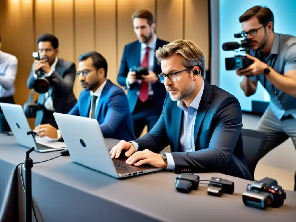 Periodista en conferencia rodeado de dispositivos digitales, capturando la intensidad de la era digital