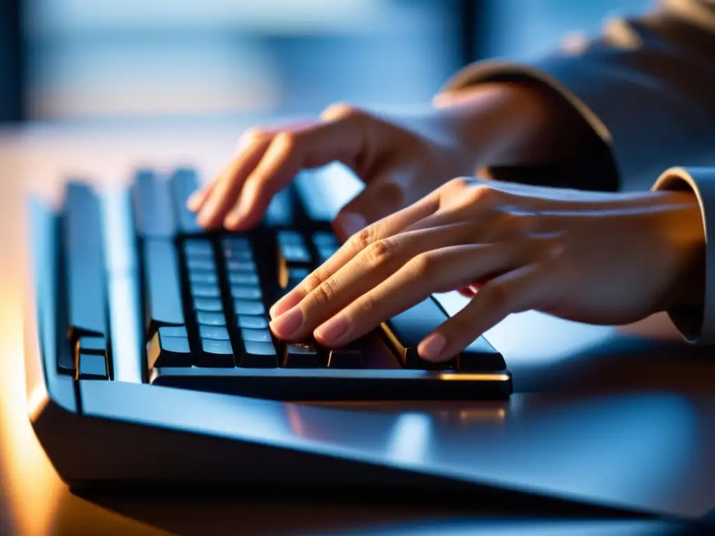 Un periodista teclea con precisión en un elegante teclado retroiluminado, transmitiendo profesionalismo y concentración