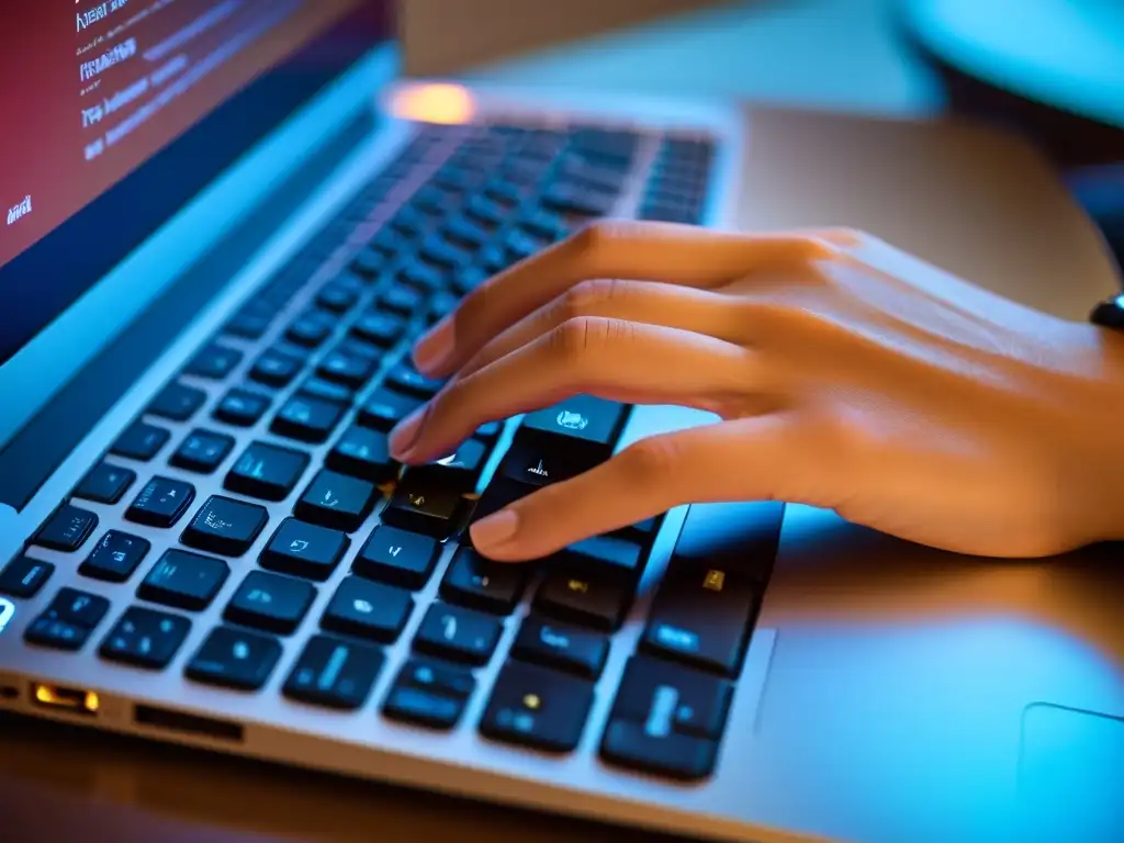Un periodista teclea con determinación en su laptop, protegiendo sus derechos de autor