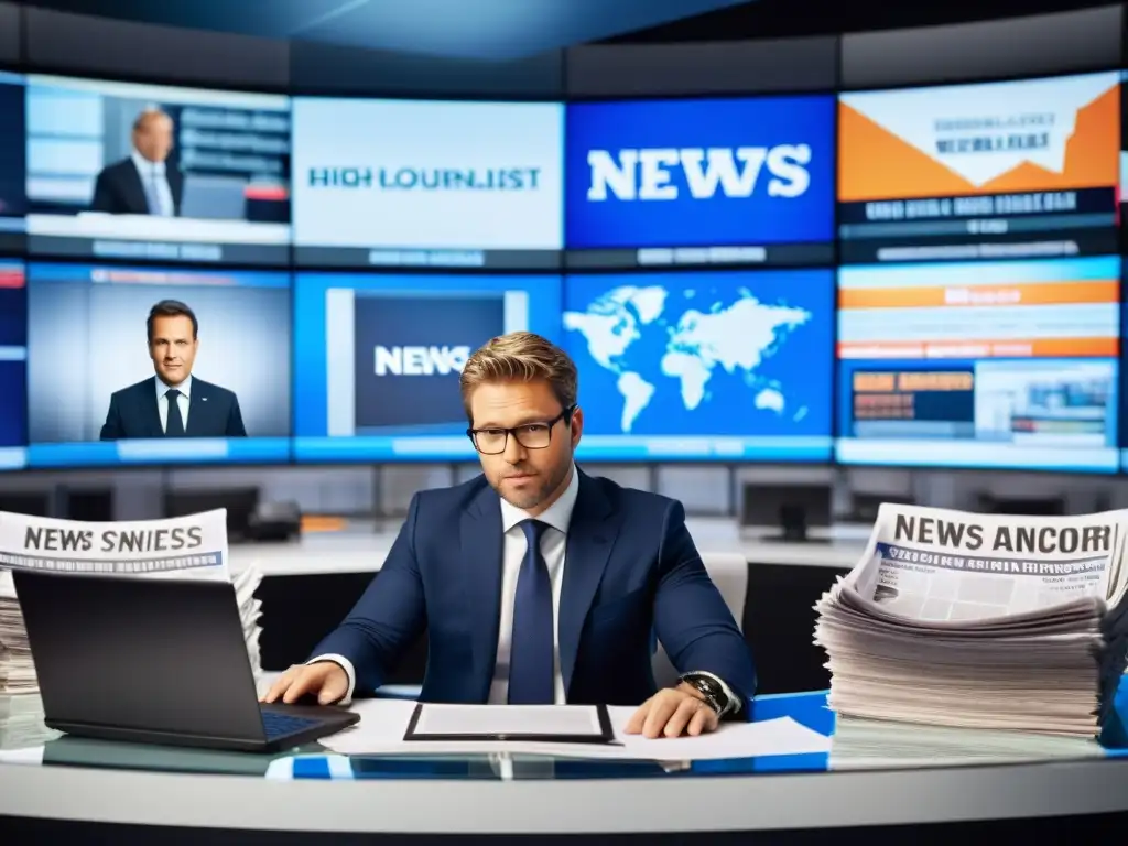 Un periodista profesional trabaja en una moderna redacción, rodeado de periódicos, micrófonos y equipo multimedia