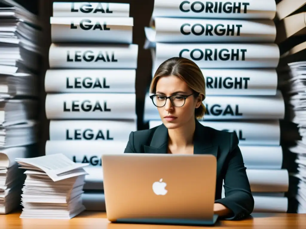 Un periodista reflexivo escribe en su moderna laptop rodeado de documentos y periódicos, con el reflejo de un símbolo de copyright en la pantalla