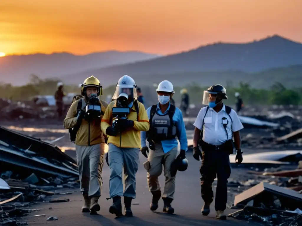 Periodistas documentando desastre natural al atardecer Periodistas éticos documentan desastre al atardecer, mostrando resiliencia y esperanza