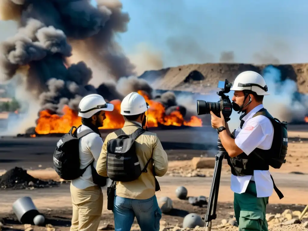 Periodistas en zona de conflicto, registrando la noticia con determinación y profesionalismo