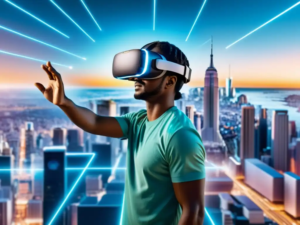 Persona asombrada usando auriculares de realidad virtual en una ciudad futurista con datos de realidad aumentada