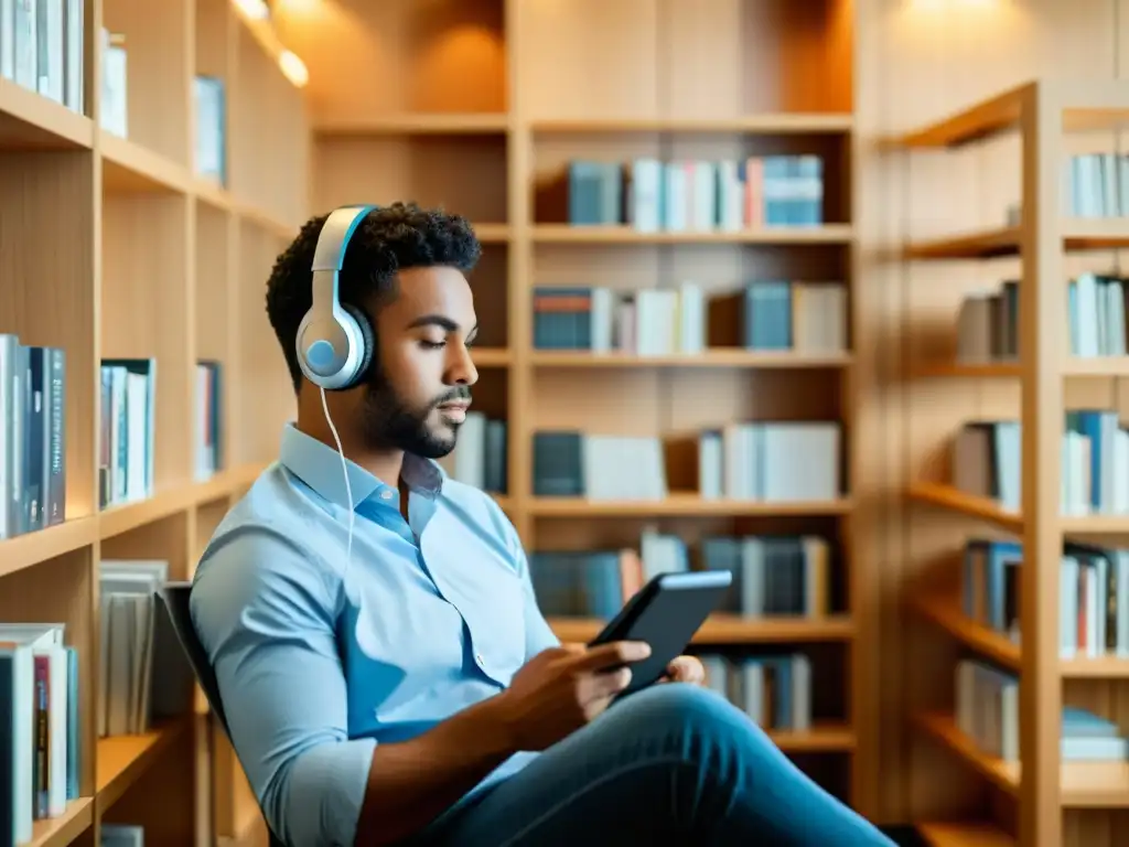 Persona escuchando audiolibro en moderna oficina rodeada de libros electrónicos y dispositivos