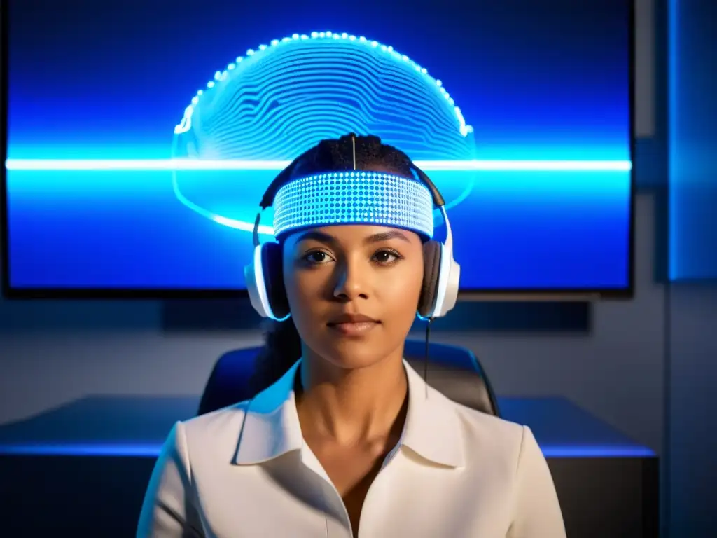 Persona usando auriculares futuristas con electrodos, frente a una pantalla de computadora con patrones de ondas cerebrales