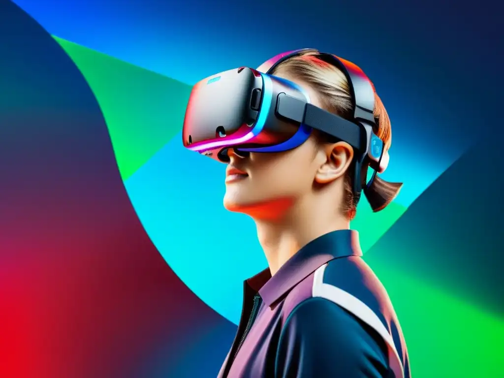 Persona usando auriculares de realidad virtual con elementos de realidad aumentada, rodeada de gráficos futuristas y marcas registradas en videojuegos de realidad aumentada
