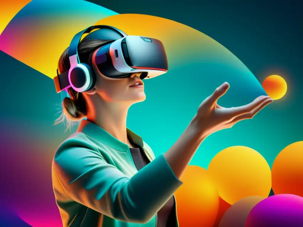 Persona con auriculares de realidad virtual explorando un mundo vibrante