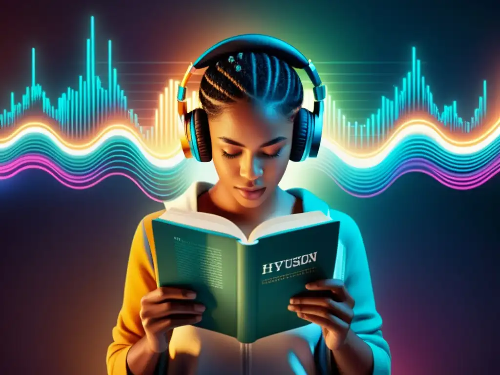 Persona con auriculares leyendo rodeada de ondas de audio, fusionando literatura y tecnología