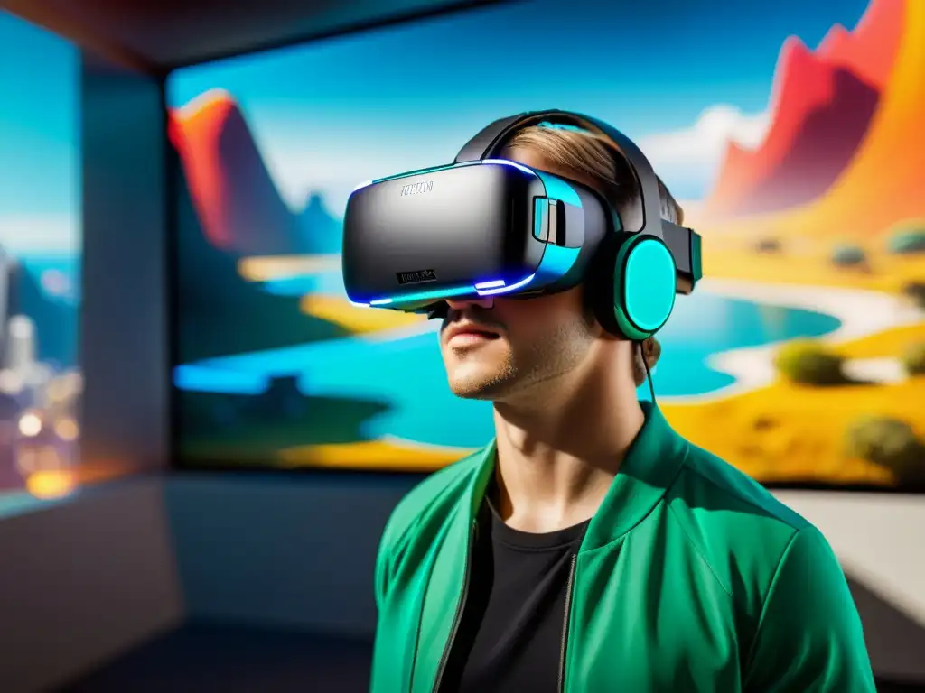 Persona usando un casco de realidad virtual en un mundo futurista, mostrando la fusión entre literatura y videojuegos con licencias para videojuegos basados en obras literarias