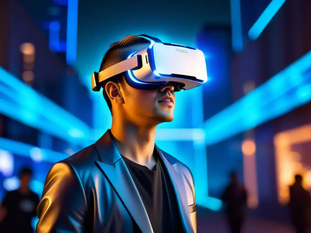 Persona usando un casco de realidad virtual futurista en un mundo digital inmersivo