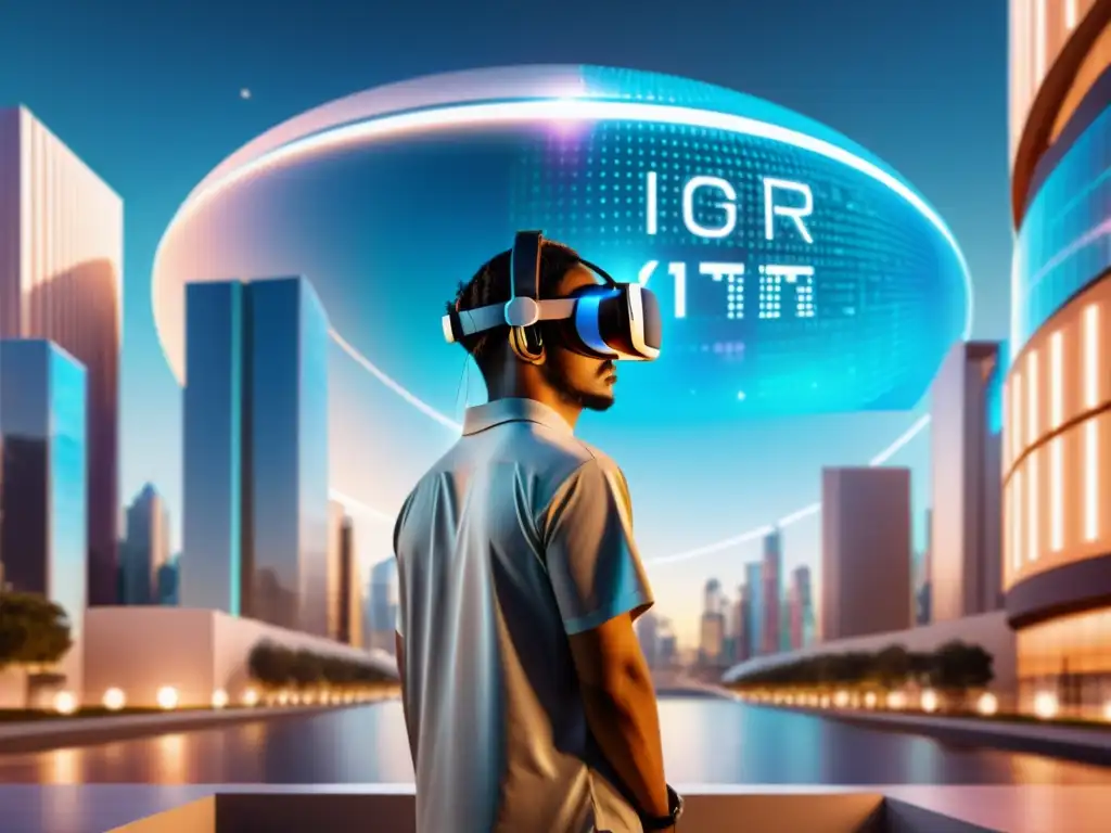 Persona en ciudad futurista con realidad virtual y símbolos de propiedad intelectual