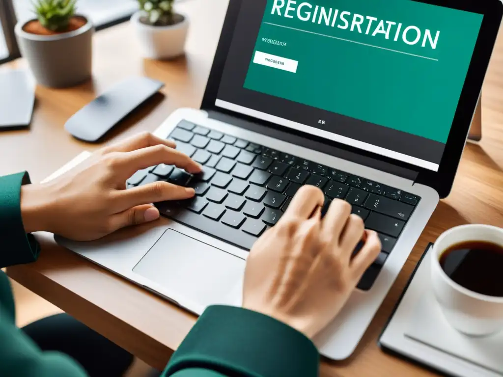 Persona trabajando en computadora con formulario de registro de marca digital en pantalla