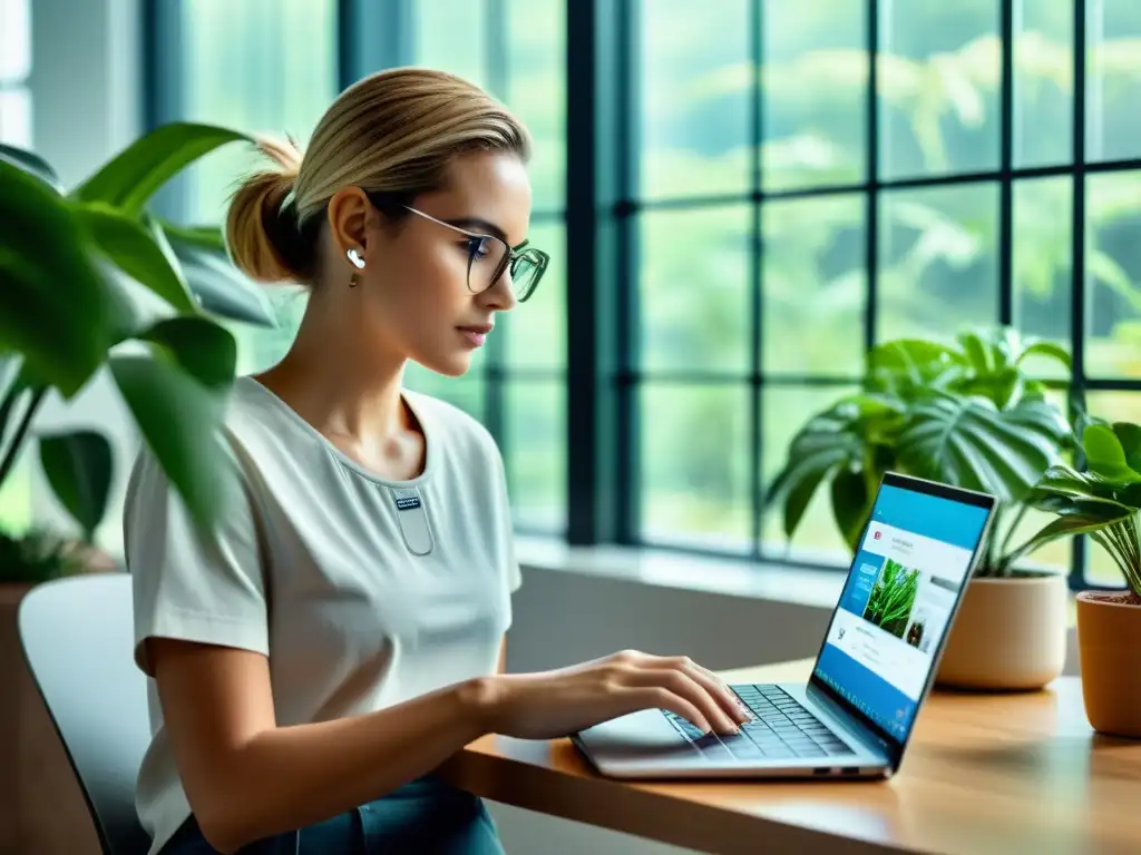 Persona concentrada en laptop en espacio minimalista con plantas y luz natural