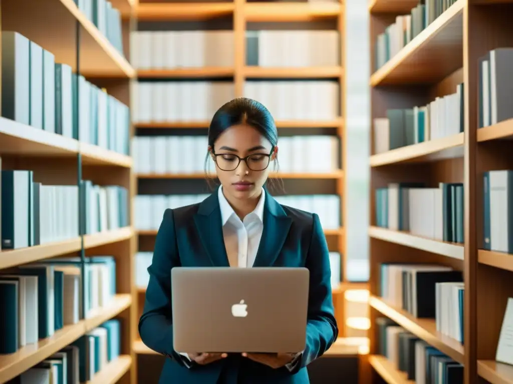 Persona concentrada en laptop, rodeada de libros y documentos legales