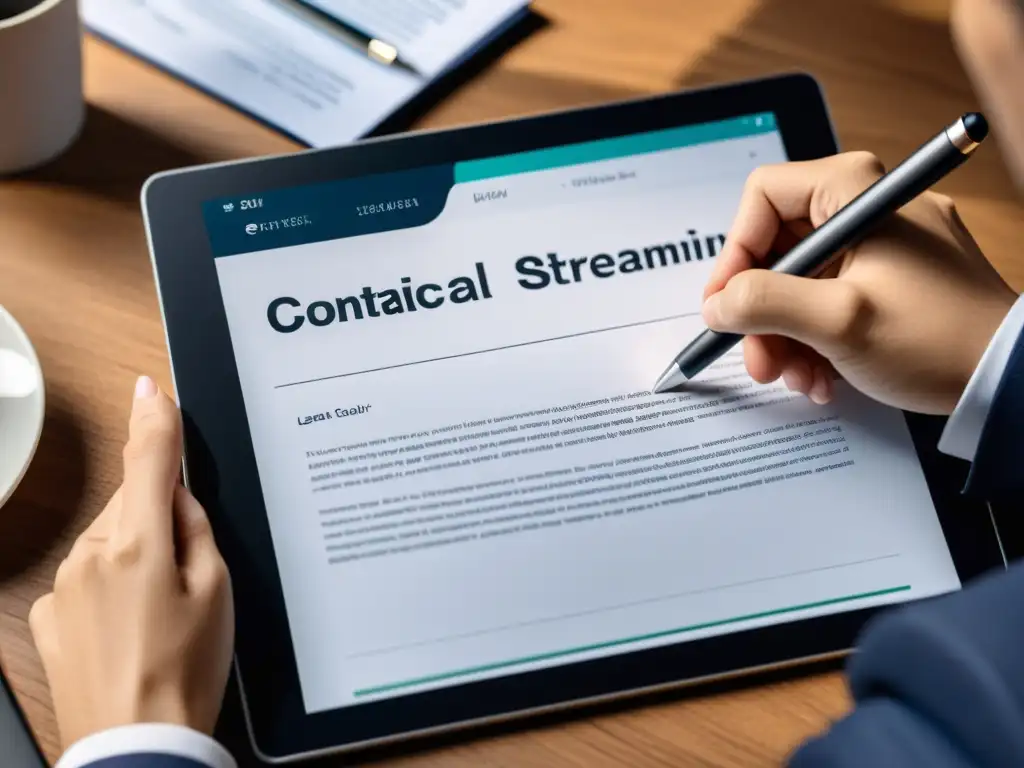 Persona firmando contrato en tablet con interfaz de plataforma de streaming, transmitiendo aspectos legales contratos contenido streaming