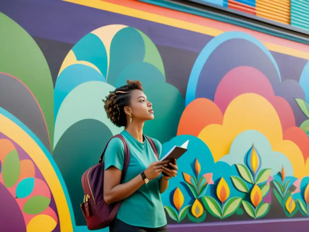 Persona admirando detallada obra de arte urbano colorida
