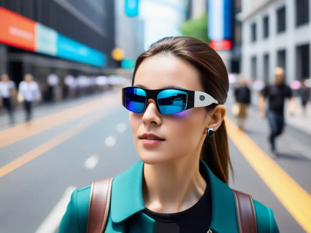 Una persona con discapacidad visual usa gafas de alta tecnología para navegar una bulliciosa calle de la ciudad