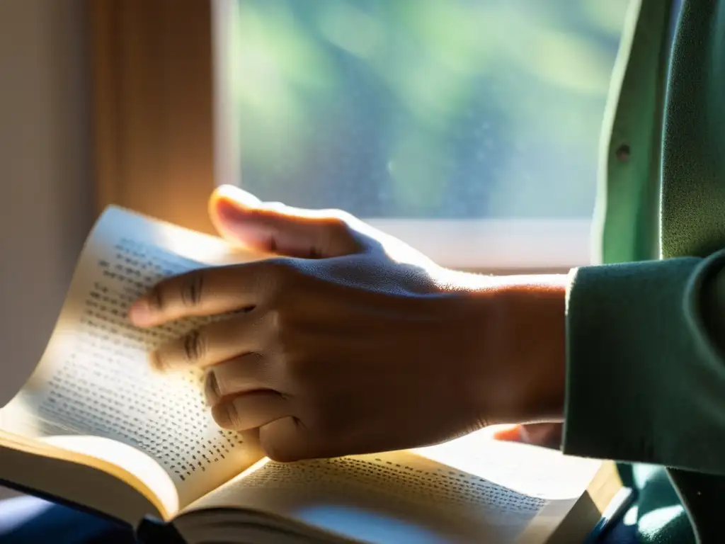 Persona con discapacidad visual leyendo un libro de braille con luz natural