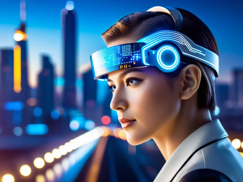 Una persona usa un dispositivo de interfaz cerebrocomputadora futurista, con luces brillantes y circuitos, frente a una ciudad moderna