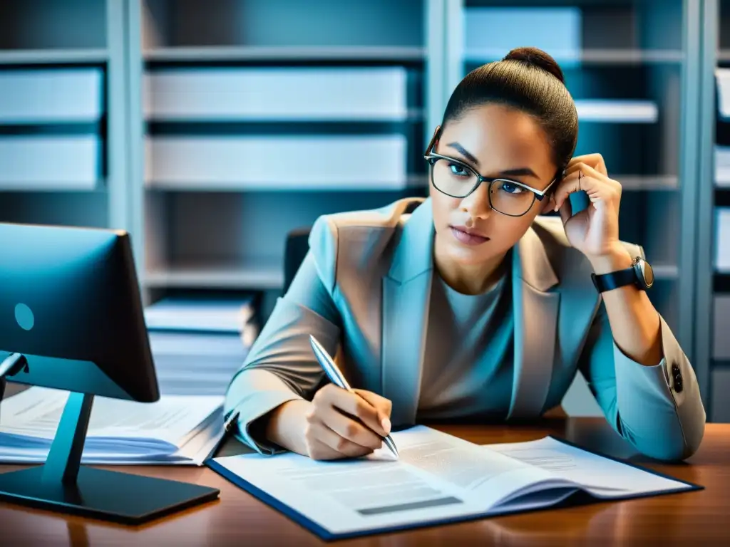 Persona examinando documentos legales en pantalla de alta resolución para una búsqueda de antecedentes de marca efectiva