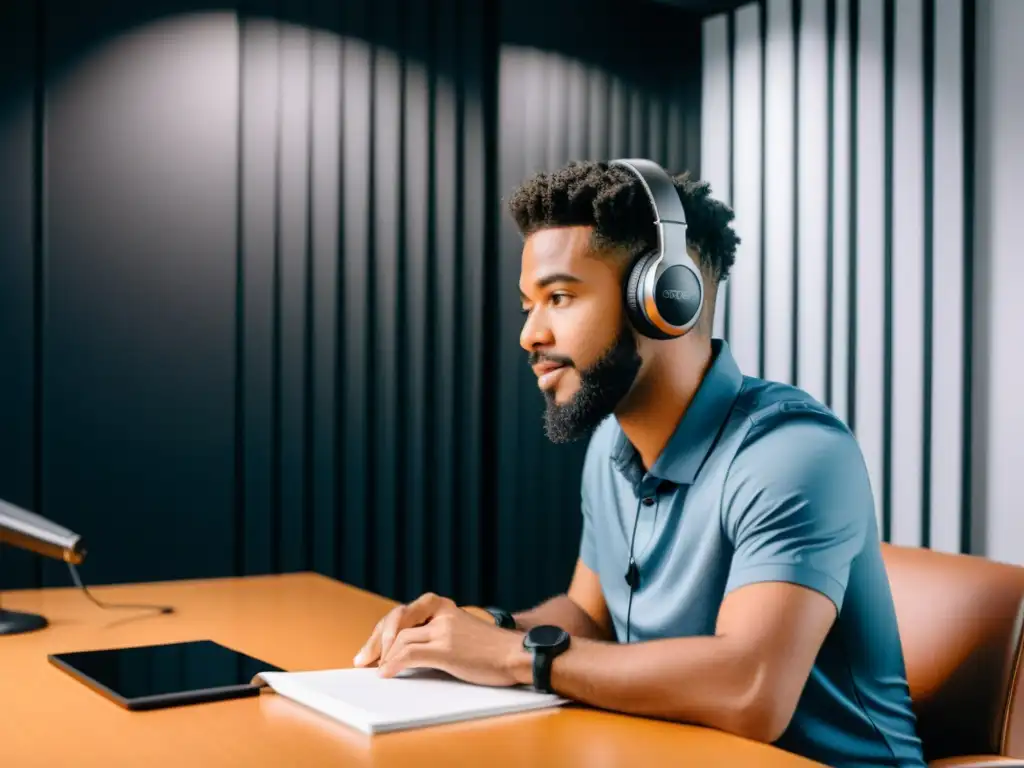 Persona grabando un episodio de podcast en un estudio moderno y minimalista, respetando los derechos de autor en podcasts