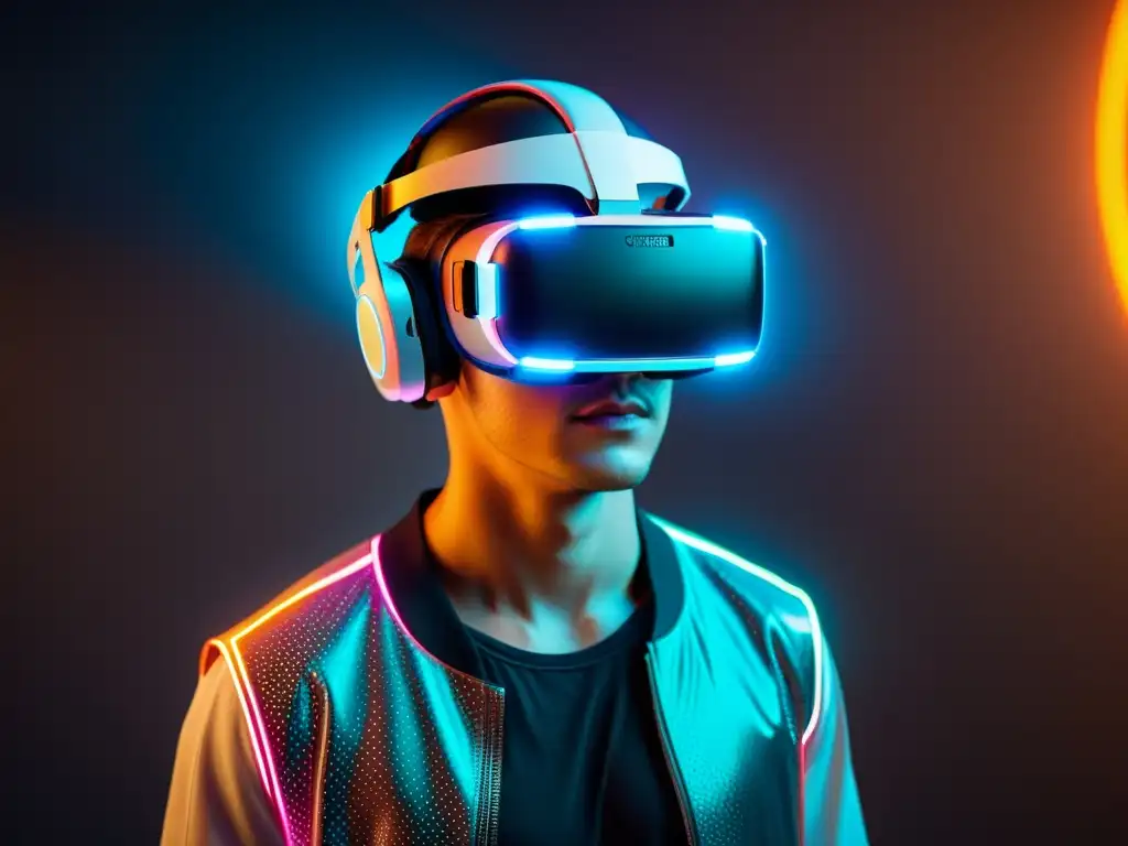Persona usando un futurista visor de realidad virtual en un paisaje digital