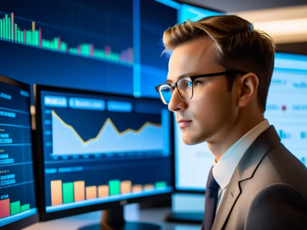 Persona con gafas analizando datos en pantalla, en un entorno de oficina moderno y profesional