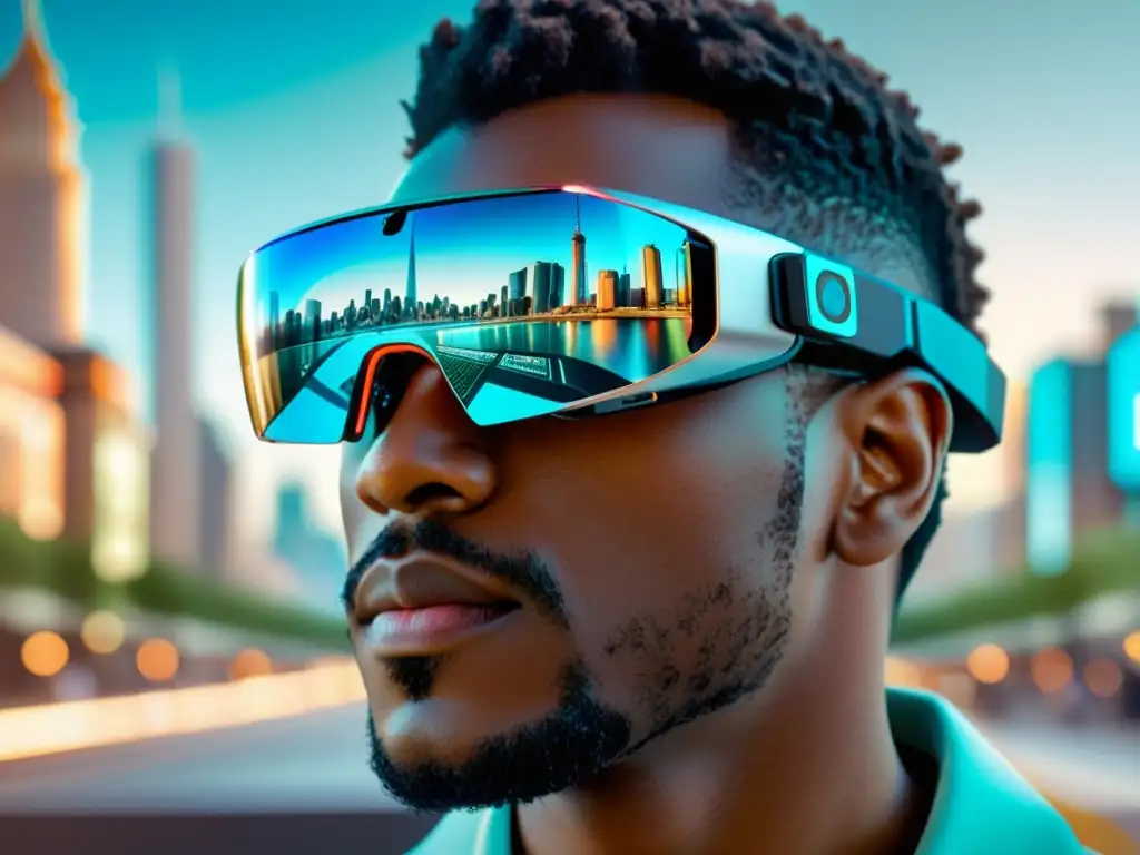 Persona usando gafas de realidad aumentada con ciudad futurista